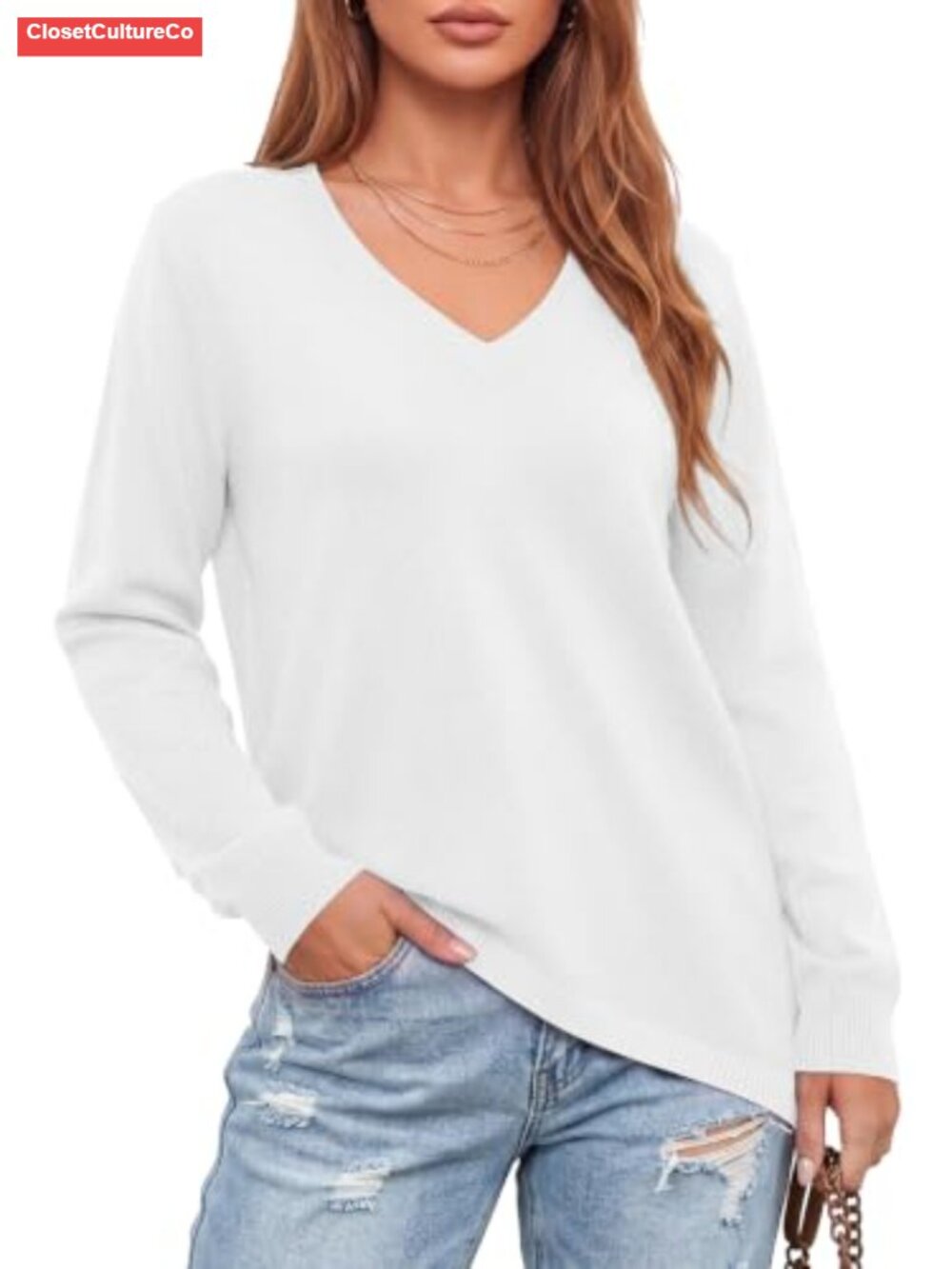 V Neck Asymmetrical Hem Sweater Pullover